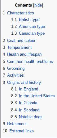 Golden Retriever Wikipedia Table of Content example